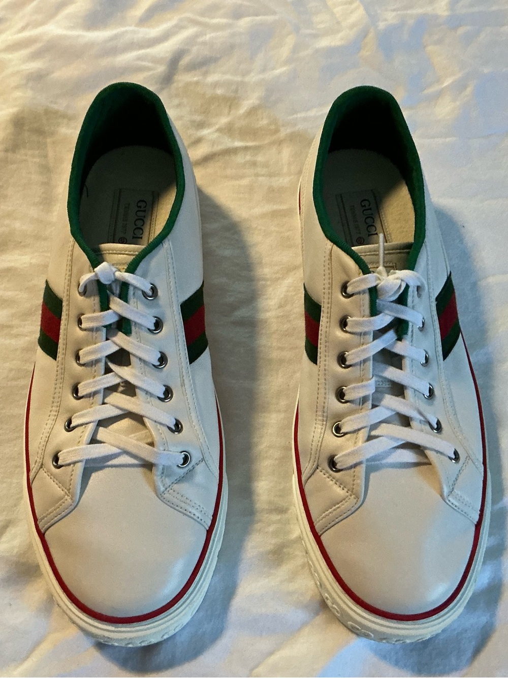Gucci Men’s White Leather Sneakers with Green & Red Web Stripe